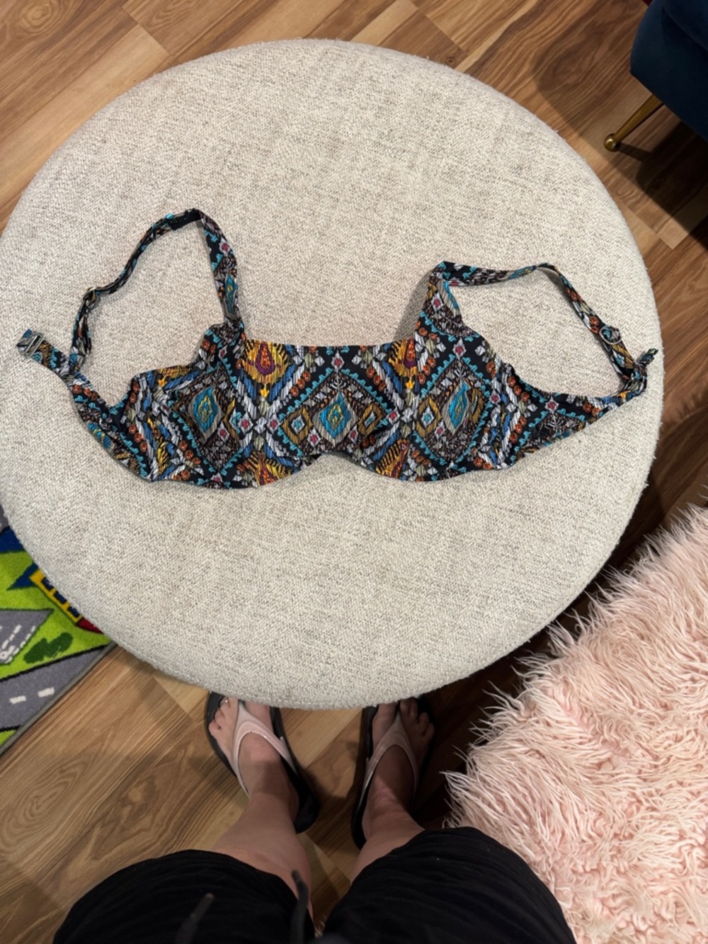 Hapari Multicolor Geometric Print Bikini Top - Teal, Yellow, Orange, Black